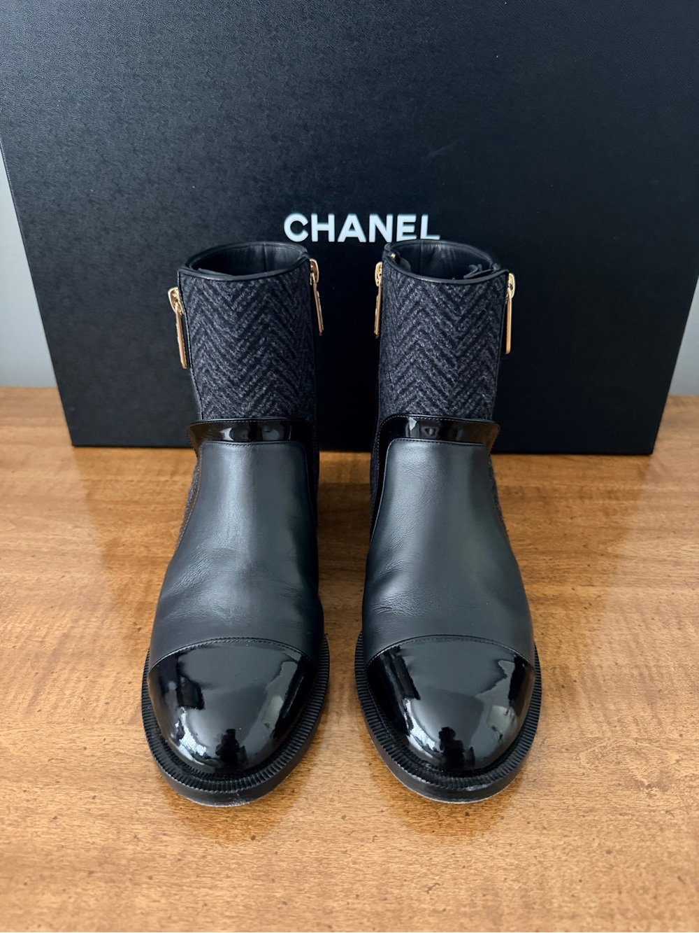 CHANEL Black Tweed & Leather Ankle Booties with Gold Zip Pull - Picture 3 of 11